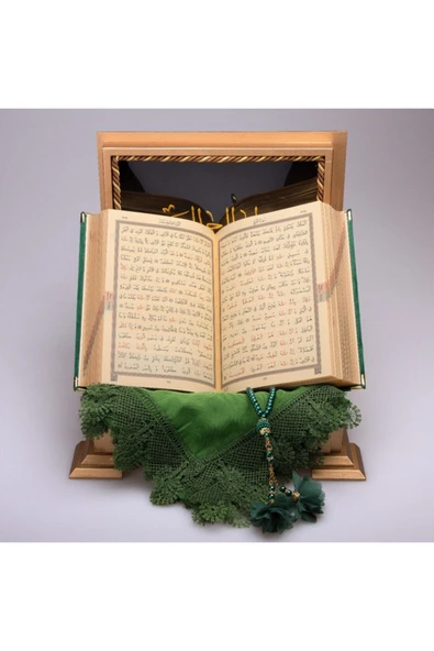 Hediyelik Ahşap Kutulu Kur'an-ı Kerim Elif-vav Hafız Boy Z.yeşil Tülbent Ve Tespihli - Resim 2