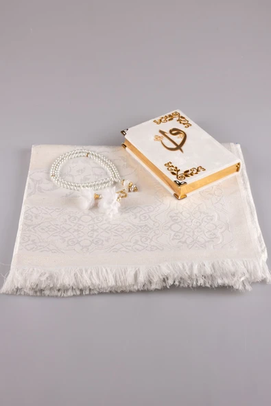 Hediyelik Kur'an-ı Kerim Kadife Set Çanta Beyaz - Resim 2