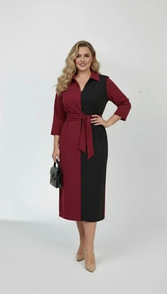 Kadın Büyük Beden Gömlek Yaka Bağlamalı Elbise 5399-26 - 10