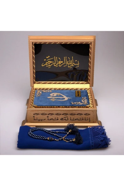 Hediyelik Ahşap Kutulu Kur'an-ı Kerim Elif-vav Hafız Boy Lacivert Tülbent Ve Tespihli - Resim 3