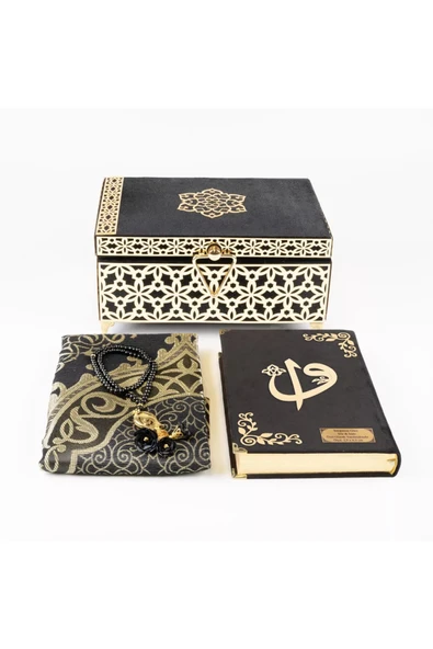 Desenli Kutu Çeyizlik, Seccade + Tesbih + Kuran Hediye Seti (Çanta Boy, Kadife, Siyah, Elif-Vav) - Resim 3