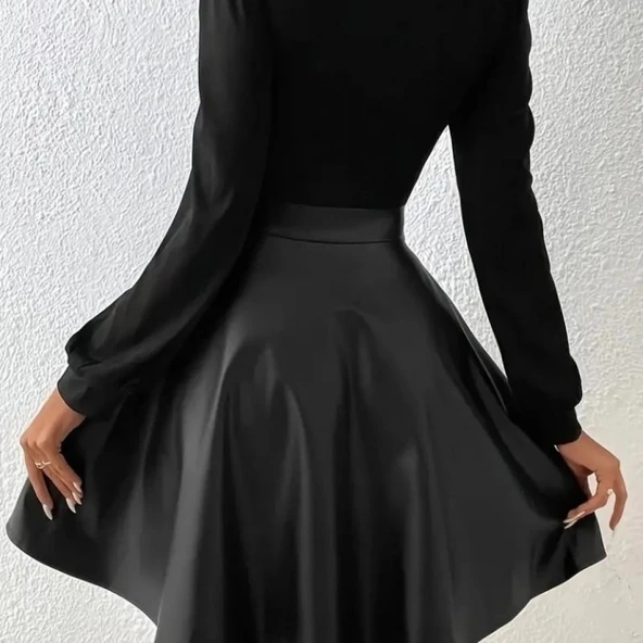 MDB Kadın Uzun Kollu Kare Yaka üst Viskon Alt Deri Mini Elbise - Resim 3