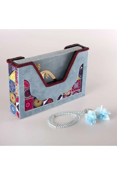 Tesbih + Kuran Hediye Seti (orta Boy, Kadife V Kutulu, Gök Mavi) ürün görseli