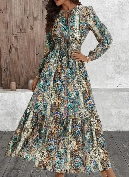 MDB Kadın Uzun Kollu Uakadabağcıklı Beli Lastikli Desenli Uzun Süprem Elbise ürün görseli 1