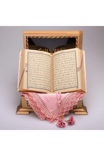 Hediyelik Ahşap Kutulu Kur'an-ı Kerim Elif-vav Hafız Boy Pembe Tülbent Ve Tespihli - Resim 2