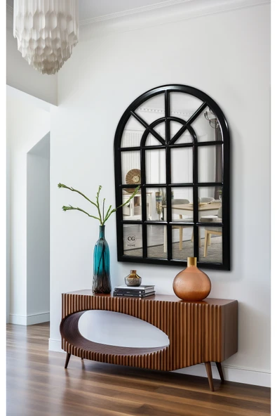 CG HOME Pencere Model, Ayna, Duvar Aynası, Salon Aynası, Dressuar Aynası, Ahşap Lake Boyalı, Siyah - Resim 5