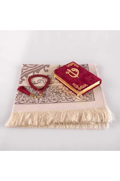 Seccade + Tesbih + Kuran Hediye Seti (çanta Boy, Kadife, Bordo) - Resim 2