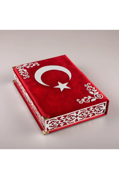 Hediyelik Kur'an-ı Kerim Ay Yıldızlı Raşel Kutu Kırmızı Orta B. Tes. Gümüş Plek. - Resim 3