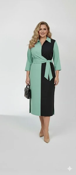 Kadın Büyük Beden Gömlek Yaka Bağlamalı Elbise 5399-26 - 7