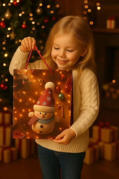 3 Boyutlu Büyük Kardan Adam Yılbaşı Temalı Hediye Paketi & Çanta & Poşet 40*30*12 cm ürün görseli