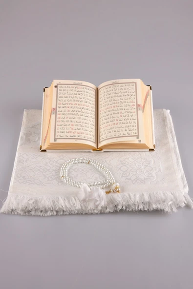 Hediyelik Kur'an-ı Kerim Kadife Set Çanta Beyaz - Resim 3