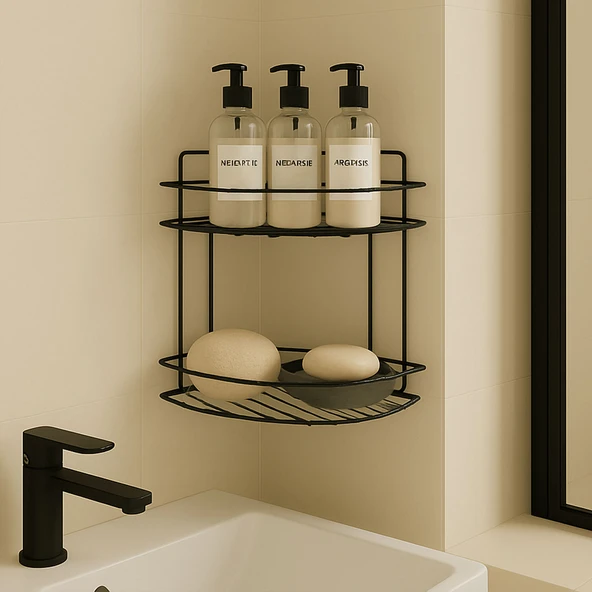 Siyah İki Katlı Vidalı Duş Şampuanlık Köşe Rafı Banyo Organizeri Askılı Şampuanlık Düzenleyici - Resim 5