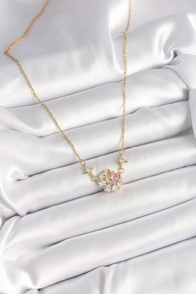 316L Çelik Gold Renk Zirkon Taşlı Hilal Pembe Kalp Model Kadın Kolye - TJ-BKO9932 - 2