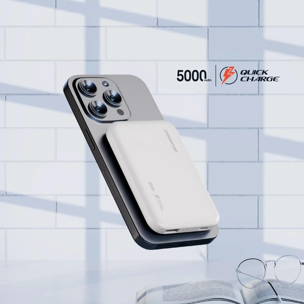 Polosmart PSM129 5000 mAh Kablosuz Powerbank 20W PD Hızlı Şarj Type-C Çıkışlı Magsafe Beyaz - 4