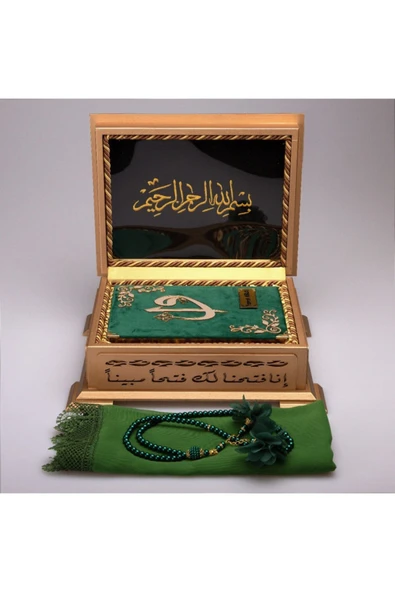 Hediyelik Ahşap Kutulu Kur'an-ı Kerim Elif-vav Hafız Boy Z.yeşil Tülbent Ve Tespihli - Resim 3