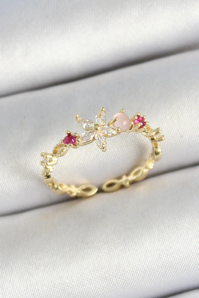 Pirinç Papatya Figürlü Zirkon Taşlı Gold Renk Ayarlanabilir Kadın Yüzük - TJ-BYK3778