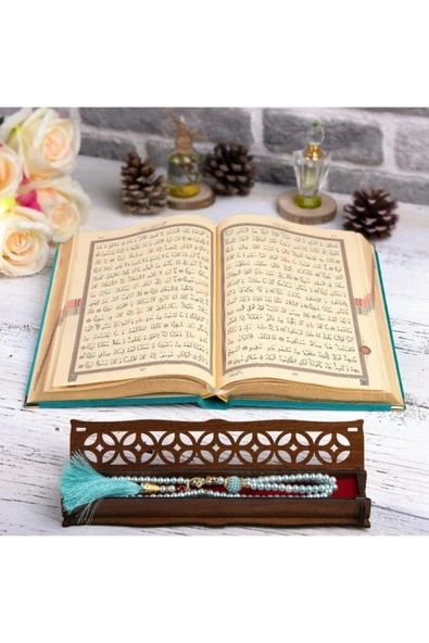 Hediyelik Kur'an-ı Kerim Kadife Turkuaz Tespihli Ah.kutu Orta B. - Resim 3