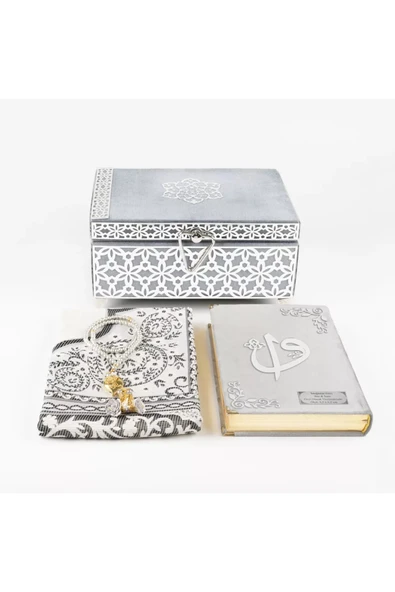 Desenli Kutu Çeyizlik, Seccade + Tesbih + Kuran Hediye Seti (Hafız Boy, Kadife, Gri, Elif-Vav) - Resim 3