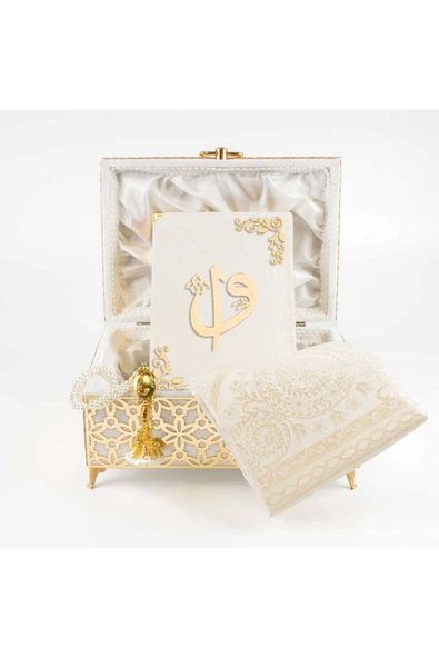 Desenli Kutu Çeyizlik, Seccade + Tesbih + Kuran Hediye Seti (Çanta Boy, Kadife, Beyaz, Elif-Vav) - Resim 5