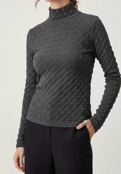 Sıcak Tutan Kışlık | Gri Desenli Kadın Yarım Balıkçı Yaka Triko Kazak - 4