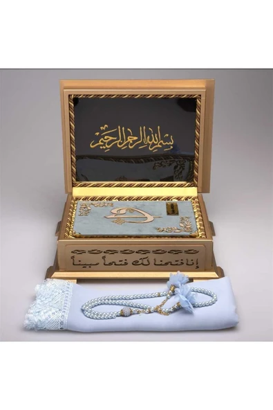 Şal + Tesbih + Kuran Hediye Seti (hafız Boy, Kadife, Turkuaz) - Resim 2