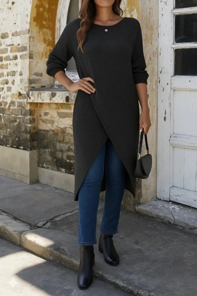 MDB Kadın Uzun Kollu Bisiklet Yakalı önden çapraz Kesim Detaylı Midi Triko Elbise - Resim 3