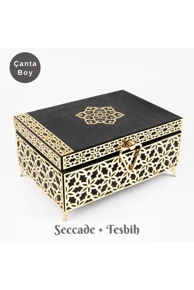 Desenli Kutu Çeyizlik, Seccade + Tesbih + Kuran Hediye Seti (Çanta Boy, Kadife, Siyah, Elif-Vav) ürün görseli