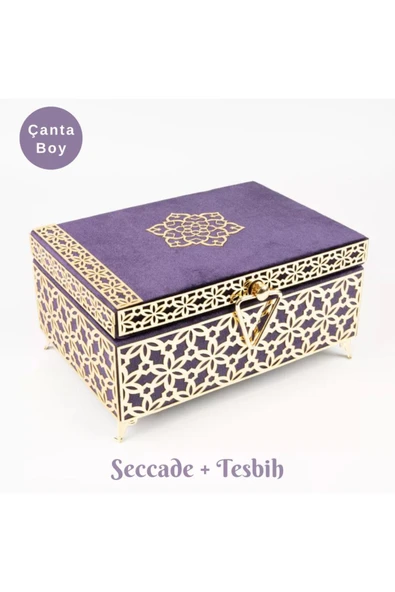 Desenli Kutu Çeyizlik, Seccade + Tesbih + Kuran Hediye Seti (Çanta Boy, Kadife, Mor, Elif-Vav) ürün görseli