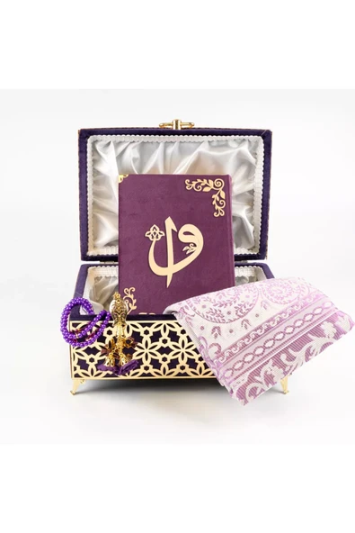 Desenli Kutu Çeyizlik, Seccade + Tesbih + Kuran Hediye Seti (Çanta Boy, Kadife, Mor, Elif-Vav) - Resim 5