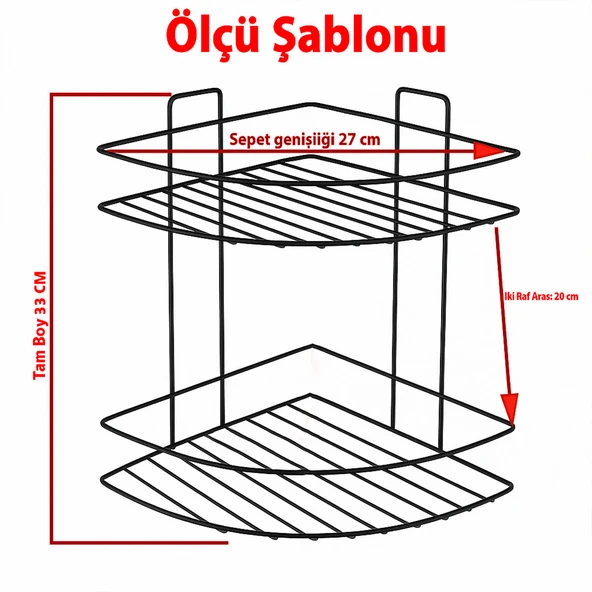 Siyah İki Katlı Vidalı Duş Şampuanlık Köşe Rafı Banyo Organizeri Askılı Şampuanlık Düzenleyici - Resim 3