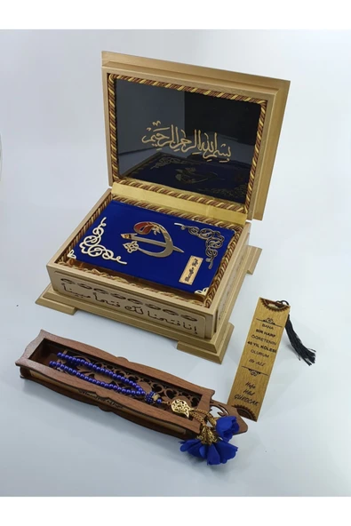 Hediye Kuranı Kerim Seti Ahşap Kutulu Koyu Mavi - Resim 2