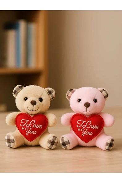 Sevgiliye Özel Günlere Hediye 2 Adet Sevimli Mini Peluş Ayıcık Kalpli 'I Love You' Mesajlı 11x9 CM ürün görseli 1