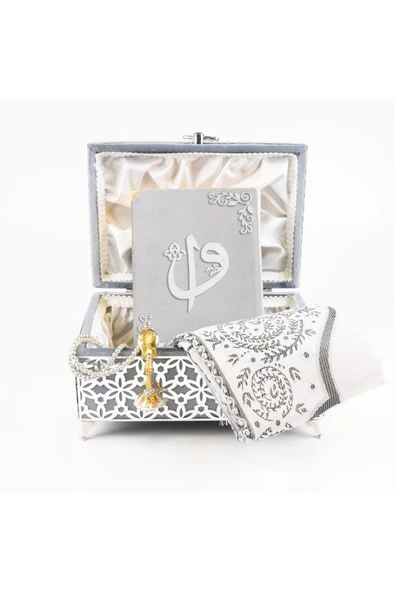 Desenli Kutu Çeyizlik, Seccade + Tesbih + Kuran Hediye Seti (Hafız Boy, Kadife, Gri, Elif-Vav) - Resim 5