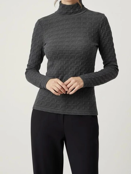 Sıcak Tutan Kışlık | Gri Desenli Kadın Yarım Balıkçı Yaka Triko Kazak