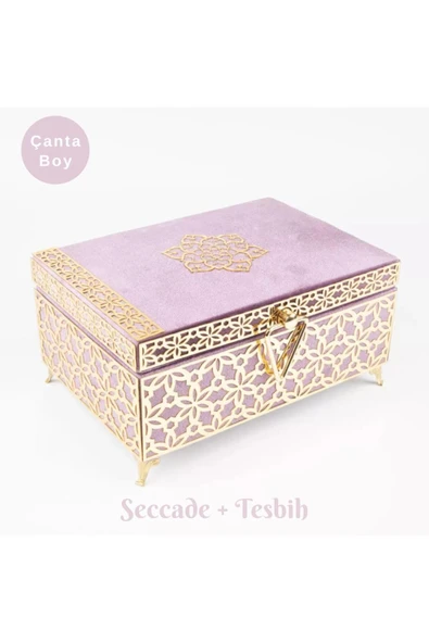 Desenli Kutu Çeyizlik, Seccade + Tesbih + Kuran Hediye Seti (Çanta Boy, Kadife, Lila, Elif-Vav) ürün görseli
