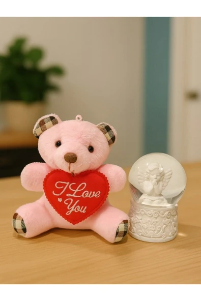 Sevgiliye Eşe Özel Günlere Hediye Sevimli Mini Peluş Ayıcık ve Mini Melek Kar Küresi Set Pembe ürün görseli 1