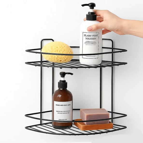 Siyah İki Katlı Vidalı Duş Şampuanlık Köşe Rafı Banyo Organizeri Askılı Şampuanlık Düzenleyici ürün görseli