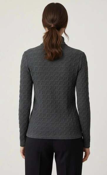 Sıcak Tutan Kışlık | Gri Desenli Kadın Yarım Balıkçı Yaka Triko Kazak - 6