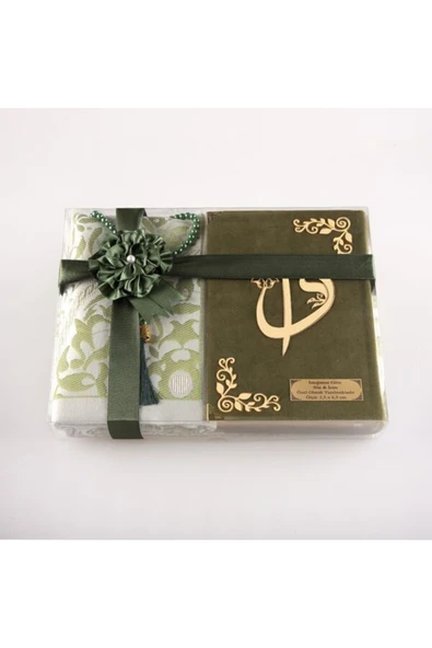 Seccade + Tesbih + Kuran Hediye Seti (hafız Boy, Kadife, Koyu Yeşil) ürün görseli