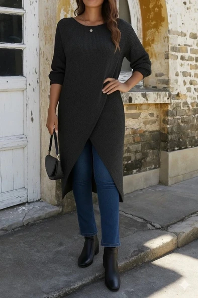 MDB Kadın Uzun Kollu Bisiklet Yakalı önden çapraz Kesim Detaylı Midi Triko Elbise ürün görseli 1