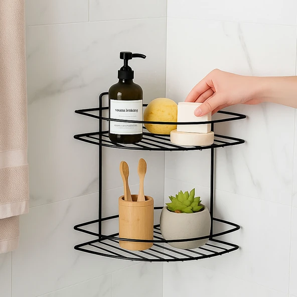 Siyah İki Katlı Vidalı Duş Şampuanlık Köşe Rafı Banyo Organizeri Askılı Şampuanlık Düzenleyici - Resim 4