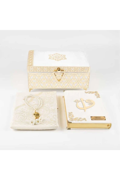 Desenli Kutu Çeyizlik, Seccade + Tesbih + Kuran Hediye Seti (Çanta Boy, Kadife, Beyaz, Elif-Vav) - Resim 3