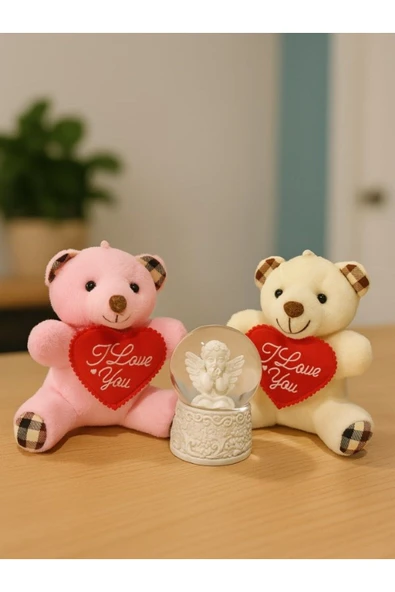Sevgiliye Eşe Özel Günlere Hediye 2 Adet Sevimli Mini Peluş Ayıcık ve Mini Melek Kar Küresi Set ürün görseli 1
