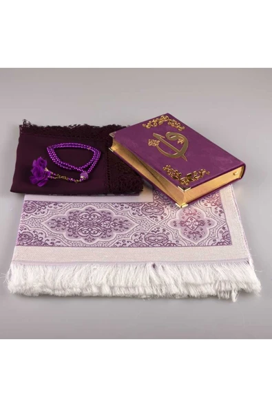 Şal + Seccade + Tesbih + Kuran Hediye Seti (hafız Boy, Kadife, Mor) - Resim 2