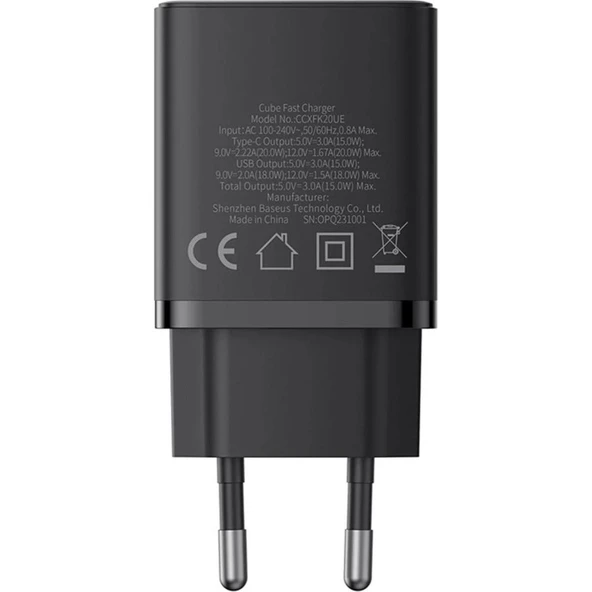 Baseus Cube Type-C + USB Girişli U+C 20W Hızlı Şarj Cihazı iPhone 15 14 13 12 11 Uyumlu Samsung ve Android Uyumlu Beyaz - Resim 4