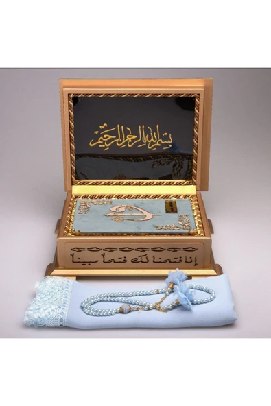 Hediyelik Ahşap Kutulu Kur'an-ı Kerim Elif-vav Hafız Boy G Mavi Tülbent Ve Tespihli - Resim 3