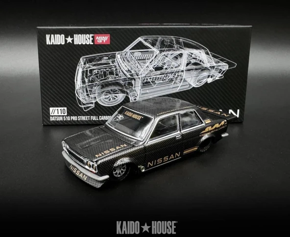 Mini GT 110 Kaido House Datsun 510 Pro Street Full Carbon V1 1/64 Model Araba ürün görseli 1