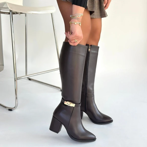 Jeoli Kahverengi Cilt Topuklu Çizme - Resim 4