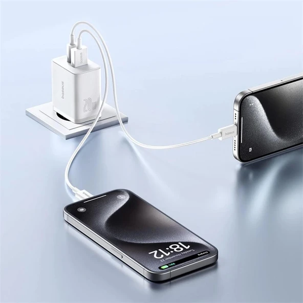 Baseus Cube Type-C + USB Girişli U+C 20W Hızlı Şarj Cihazı iPhone 15 14 13 12 11 Uyumlu Samsung ve Android Uyumlu Beyaz - Resim 5