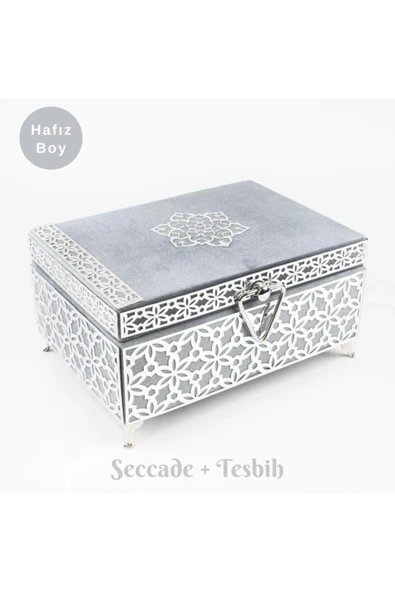 Desenli Kutu Çeyizlik, Seccade + Tesbih + Kuran Hediye Seti (Hafız Boy, Kadife, Gri, Elif-Vav) ürün görseli